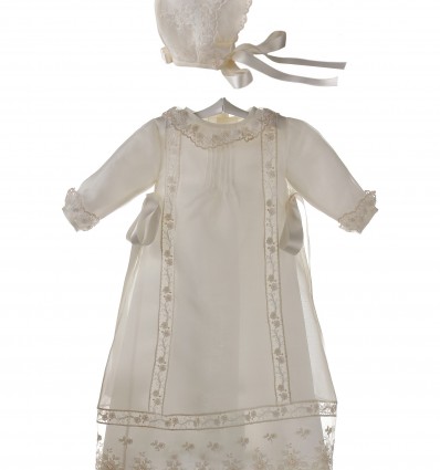 Faldón y capota para bebé de organza de seda y encaje de tul para bautizo y ceremonia